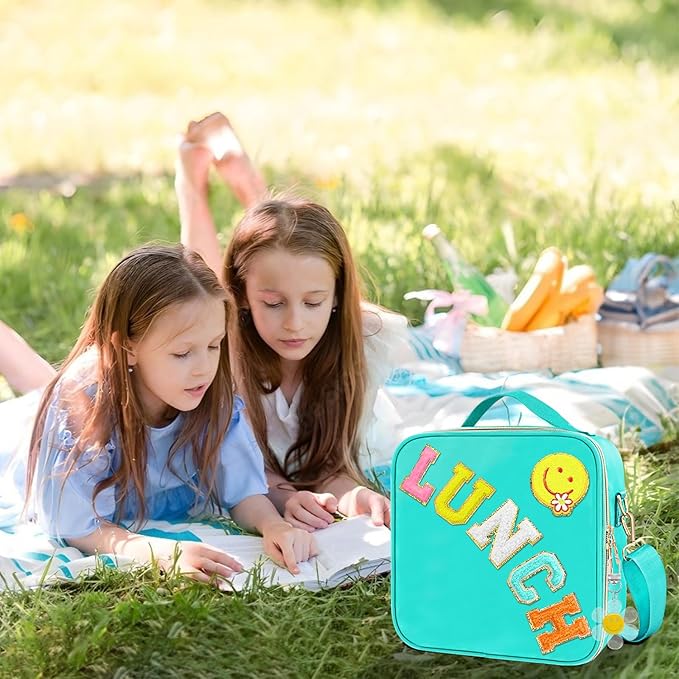 Insulated Girls Lunch Box, Preppy Lunch Box for Teen Girls, Cute Girls Lunch Bag for Kids, Large Reusable Cute Cooler Bag with Adjustable Shoulder Straps,Perfect for School Travel Picnic(Cyan)