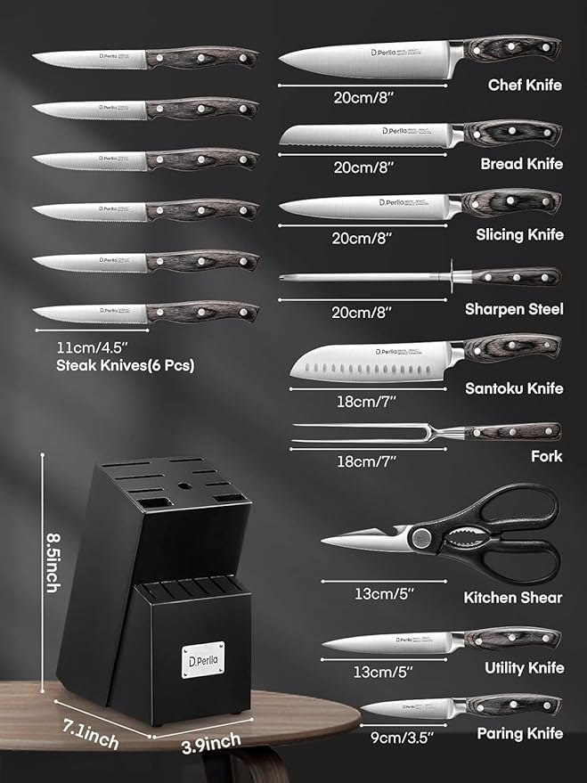 Knife Set with Block, 16 Pcs Stainless Steel Kitchen Knife Set with Sharpener & Wooden Block, Knife Block Set with Wood Handle, Chef, Santoku, Bread, Utility, Paring & Carving Fork Knife (Black)