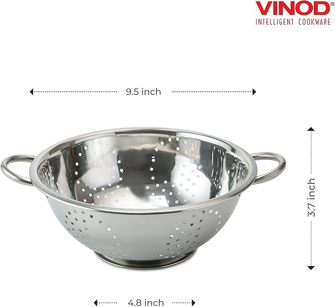 Vinod Stainless Steel Colander | 9.5 inches in Diameter | Dishwasher Friendly Strainer | Perforated Base | Suitable For Straining Fruits, Vegetables, Noodles, Pasta, Spaghetti | Steel Handles