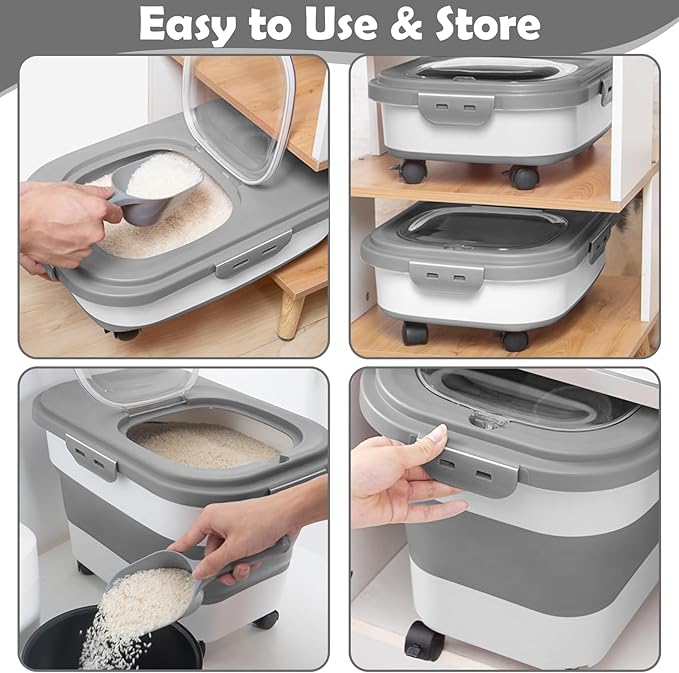 Rice Storage Container, 20Lbs Flour Container, Airtight Large Pet Dog Cat Food Storage Dispenser Bin with Wheels, Scoop & Measuring Cup, Collapsible Kitchen Dry Food Holder for Rice Cereal Kibble