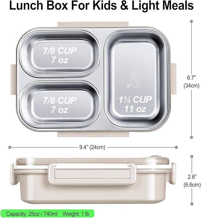 Stainless Steel Lunch Box for Kids & Adults - 25 oz - Leakproof 3 Compartment Metal Lunch Container - 18/8 Stainless Steel Bento Box - Ideal for School, Office & Outdoor - Dishwasher Safe (Cream)