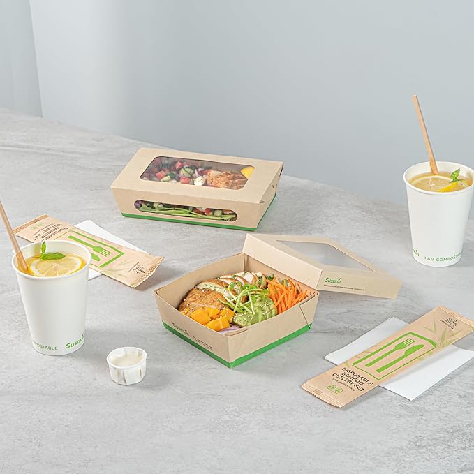 Restaurantware-27 Ounce Sturdy Paper Take Out Boxes, 200 Disposable Take Out Food Containers - With PLA lining, Paper Lid With Clear PLA Window, Bamboo Paper Containers, Compostable, Greaseproof