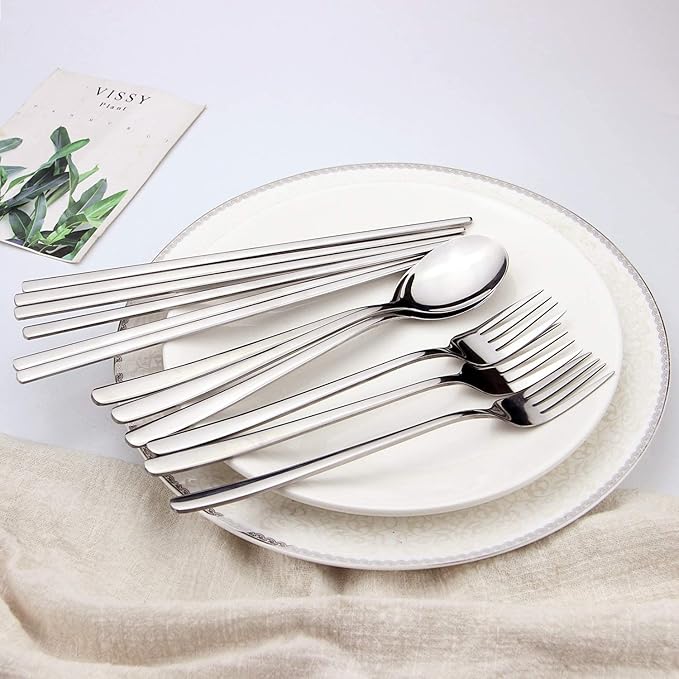 IQCWOOD Spoons and Forks Flatware Set, 3 Pairs Chopsticks Forks and Spoons Silverware Korean Utensil Set, Stainless Steel Korean Dinnerware Portable Utensils for Home