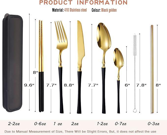 AARAINBOW 7 Pieces Stainless Steel Flatware Set Portable Reusable Cutlery Set Travel Utensils Set Including Chopsticks Knife Fork Spoon Straws Cleaning Brush Dishwasher Safe (B-Black Golden)