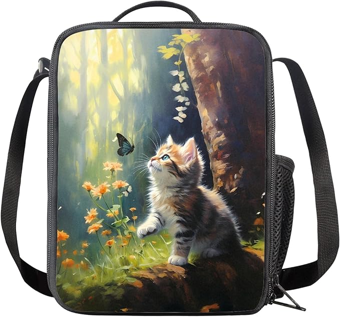Dolyues Cat Pattern Kids Backpack with Insulated Lunch Box Pen Case Set Kindergarten Elementary Middle School Book Bag for Teen Girls Children Students Cute