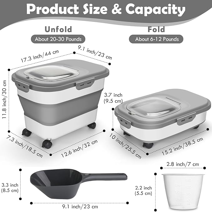 Rice Storage Container, 20Lbs Flour Container, Airtight Large Pet Dog Cat Food Storage Dispenser Bin with Wheels, Scoop & Measuring Cup, Collapsible Kitchen Dry Food Holder for Rice Cereal Kibble