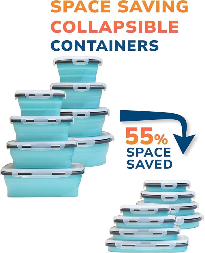 16 Pack Collapsible Silicone Food Storage Containers with Lids, Freezer & Dishwasher Safe, Foldable Lunch Box for Camper, Leftovers, Snacks, Meals, Blue