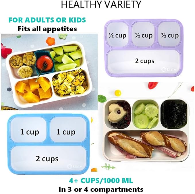 Bento Lunch Box Kids & Adult: Leakproof Lunch Containers for Boys & Girls with 3 Compartments - School, Daycare, Meal Planning Portion Control Container, BPA-Free Boxes, Utensils | Blue Purple 2 pack