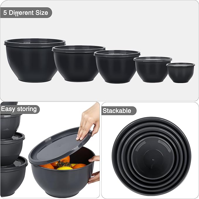 5-Piece Plastic Mixing Bowls with Lids Set for Kitchen, Nesting Bowls for Mixing, Baking, Prepping, Cooking and Serving Food, Grey Mixing Bowls Dishwasher, Microwave Safe