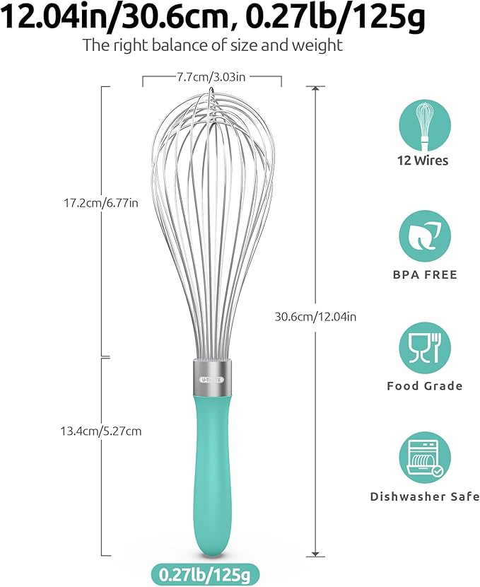 18/8 Stainless Steel Measuring Spoons Set for Dry and Liquid Ingredients (Set of 5), and 18/10 Stainless Steel Balloon Whisk for Kitchen Cooking with 12 Flex Wires (Aqua Sky)