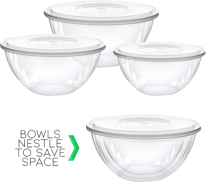 PLASTICPRO Disposable 96 Ounce Round Crystal Clear Plastic Serving Bowl With Lid - Party Snack or Salad Container, Chip and Candy Dish - Pack of 4