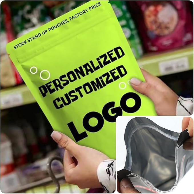 1000 Pcs Custom Print Aluminium Foil Bags(Min Order 1000 Pcs),Smell Proof Pouch for Business Packaging,Resealable Stand Up Zipper Bag for Food Storage,Pet,Dried Food,Snack(Exclude Shipping Fee)