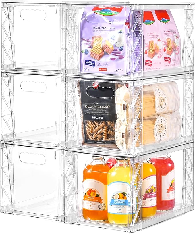 6Pack Stackable Kitchen Storage Organizer, Pantry Organizers and Storage, Clear Foods Organizer Bins with Handles, Easily Assemble for Bathroom, Kitchen, Pantry, Cabinet, Closet