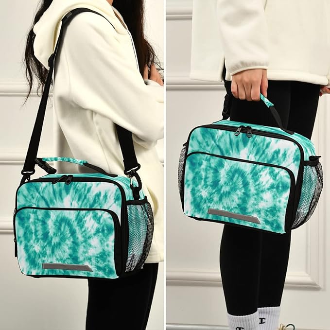 MNSRUU Lunch Bag Teal Turquoise Tie Dye Insulated Lunch Bag Women Lunch Totes Men Lunch Box with Adjustable Shoulder Strap Lunch Bag for Work Office School Picnic