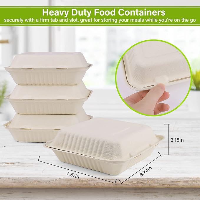 greensight Clamshell Take Out Food Containers 8X8, 100 Pack Compostable To Go Containers, Disposable To Go Food Boxes, Eco-Friendly Made From Sugarcane Fibers