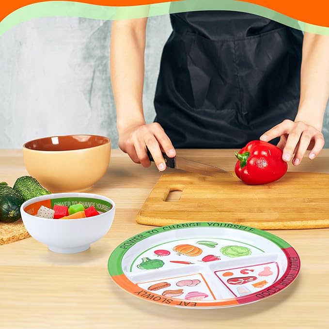 6 Pcs Bariatric Portion Control Set with 3 Bariatric Plates 3 Portion Control Bowls and Stainless Steel Flatwares for Adults Diet Balanced Eating Weight Loss Serving Plans (Colorful)