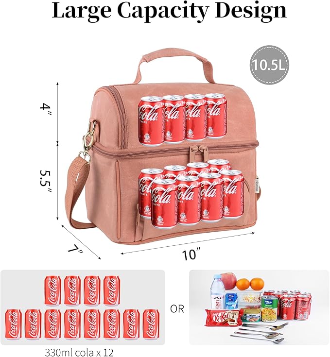 Lunch Box with 2 XL icepacks,Sturdy Waxed Canvas Insulated Lunch Bag for Women, Dual Compartment Soft Cooler Bag For Work, Picnic, Travel, Outdoors (10.5L) 10"x7"x9.5" (Mellow Rose)