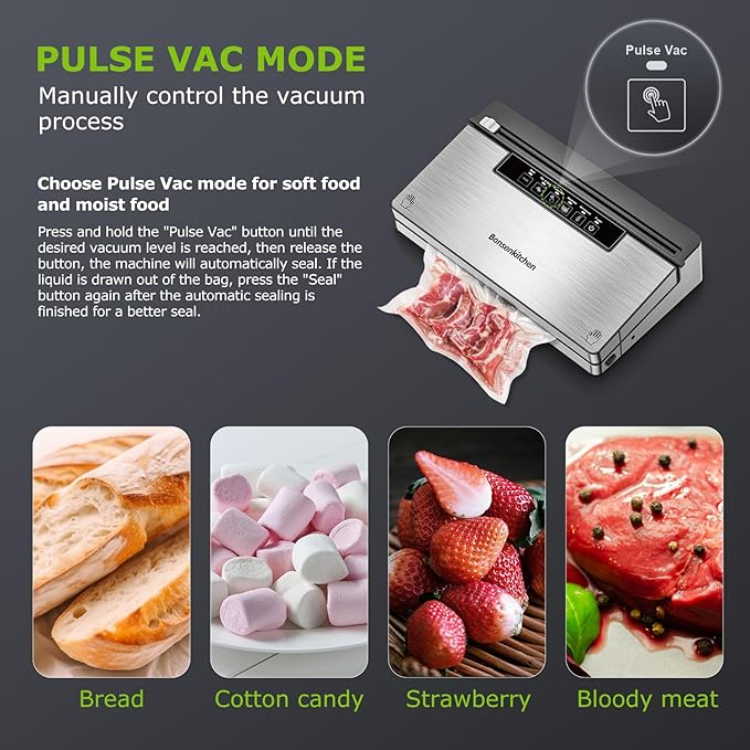 Bonsenkitchen Vacuum Sealer Machine, Stainless Steel Food Sealer Vacuum Sealers with 100 Bags & 1 Roll, 5 Food Vacuum Modes, Built-in Cutter & Bag Storage, Climate Pledge Friendly, Black