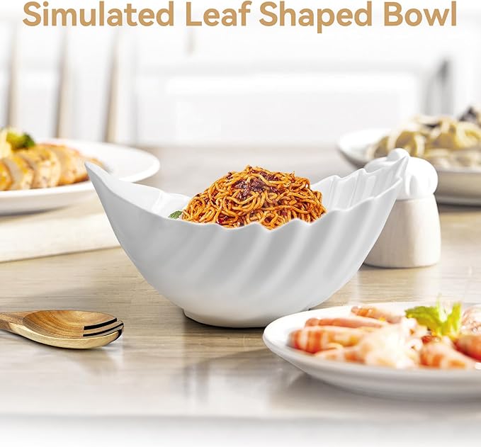 Large Salad Bowl Set, Salad Mixing Bowl for Kitchen, White Ceramic Bowl Set with Wood Salad Servers Serving Bowl for Soup, Pasta, Fruit Housewarming Mother's Day gift