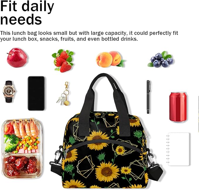 Pardick Sunflower Insulated Lunch Bag Flower Geometry Lunch Box for Women Girl with Shoulder Strap Tote Bag Reusable Large Containers Meal Prep for School Work Travel Picnic Thermal Cooler Bag