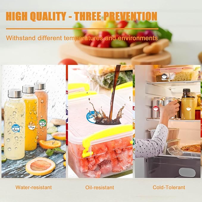 Label Stickers for Food Containers with Dispenser Box, Removable Day Dot Food Labels Peel Tab 7 Day of The Week for Home Freezer Restaurant Supplies Week Monthly Planners Meal Prep Accessory