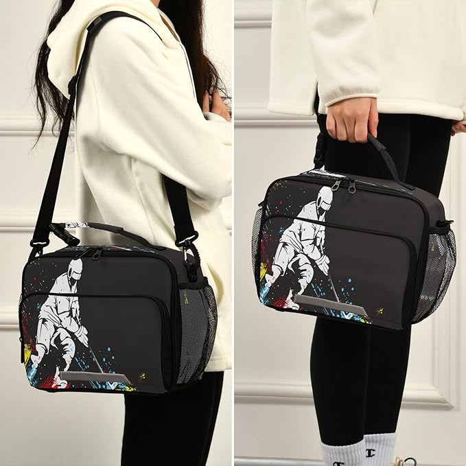 Pfrewn Hockey Player Rainbow Lunch Box for Kids School Students Insulated Lunch Bag with Shoulder Strap for Office Adults Reusable Cooler Bags Lunch Tote