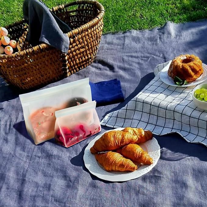 Reusable Freezer Bags, 4 Pack PEVA Material Reusable Storage Bags, Leak proof Reusable Bags Silicone, Plastic Free for Fruit, Marinate Meat, Cereal, Sandwich, Snack, Travel Items