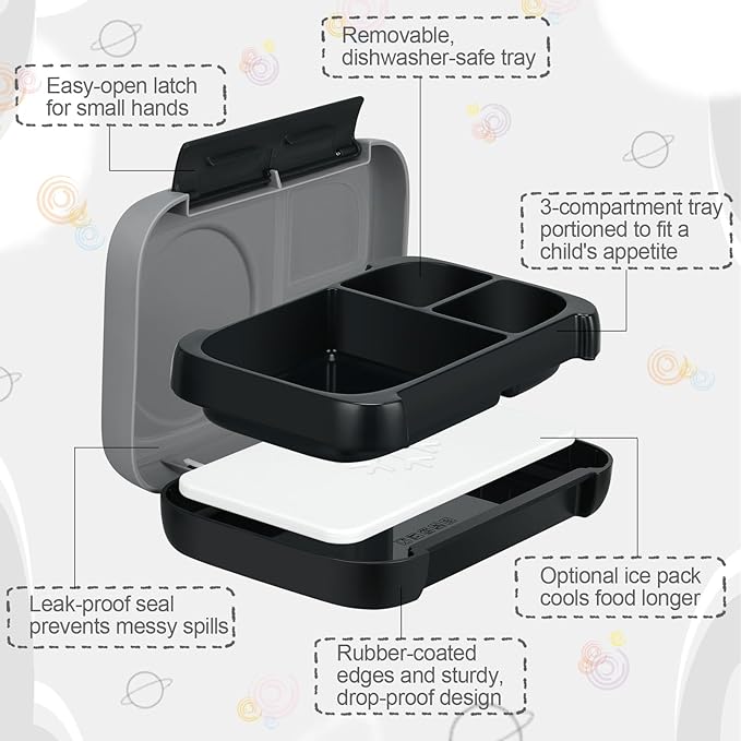 Bento Box for Kids,Kids Bento Lunch Box with Built-in Ice Pack for School,3 Compartments Leak Proof Lunch Container with Utensils for Girl Boy;BPA Free,Microwave & Dishwasher Safe, 44oz(Gray)