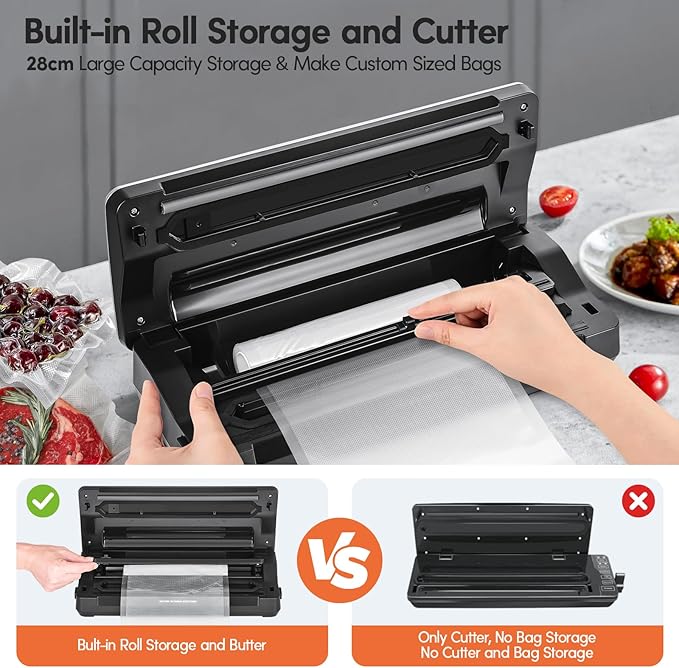 Vacuum Sealer Machine, 90kPa 120W Wide Seal All-IN-1 Powerful Food Storage, Build-in Cutter | Bags Storage | Digital Countdown Display | 2 Bag Rolls and 5pcs Pre-cut Bags (Silver Wood Grain)