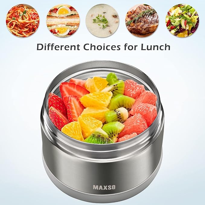 MAXSO Food Jar for Hot Food - 24 OZ Soup Thermo for Adults Vacuum Insulated Lunch Containers with Foldable Spoon & Thermal Bag, Wide Mouth Leakproof Bento Box - Silver