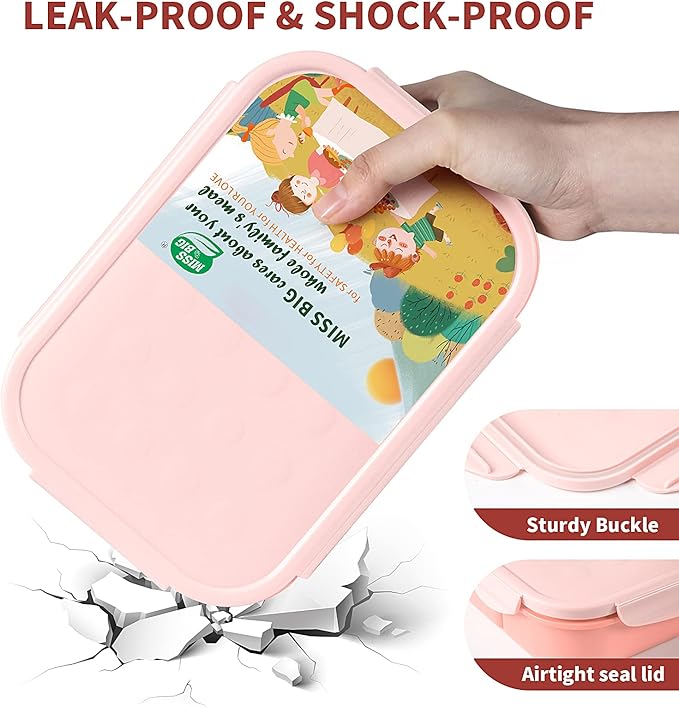 MISS BIG® Bento Box for Kids,Bento Box & Lunch Box,Leakproof, No BPAs/Chemical Dyes,M/W, D/W & Fridge Safe,1150ml Large Lunch Box for School, Picnic, Travel (Pink)