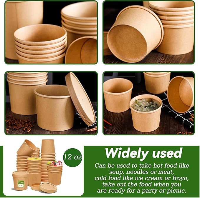 12oz Soup Containers with Vented Lids, Disposable Ice Cream Cups Kraft Paper Soup Bowls Paper Food Storage Containers, Microwavable and Freezer Safe for Hot and Cold Use (50 Pcs - Kraft, 12 oz)
