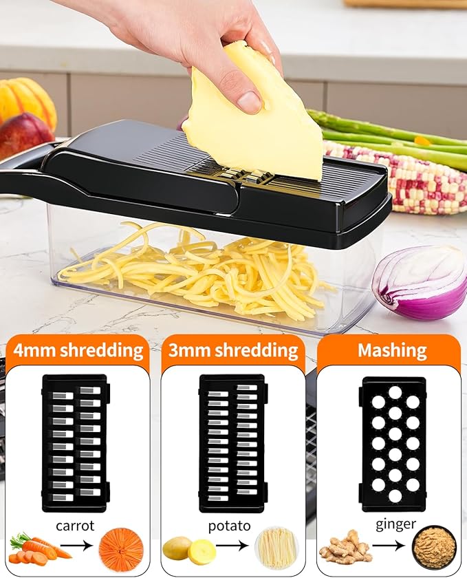 Vegetable Chopper Spiralizer Vegetable Slicer Cutter Multifunctional All-in-1 Food Choppers Dicer Onion Chopper Veggie chopper with Container Cheese Grater Includes Hand Guards and Gloves