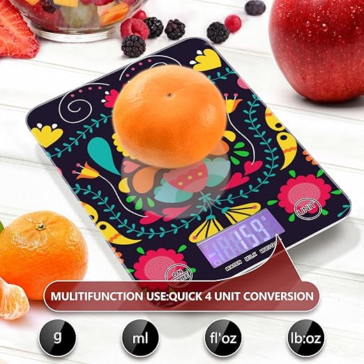 Food Scale Kitchen Digital Scale Food Ounces and Grams Dieting Baking Cooking Waterproof Glass Panels LCD Display,4 Units Scale Tare Function Boho
