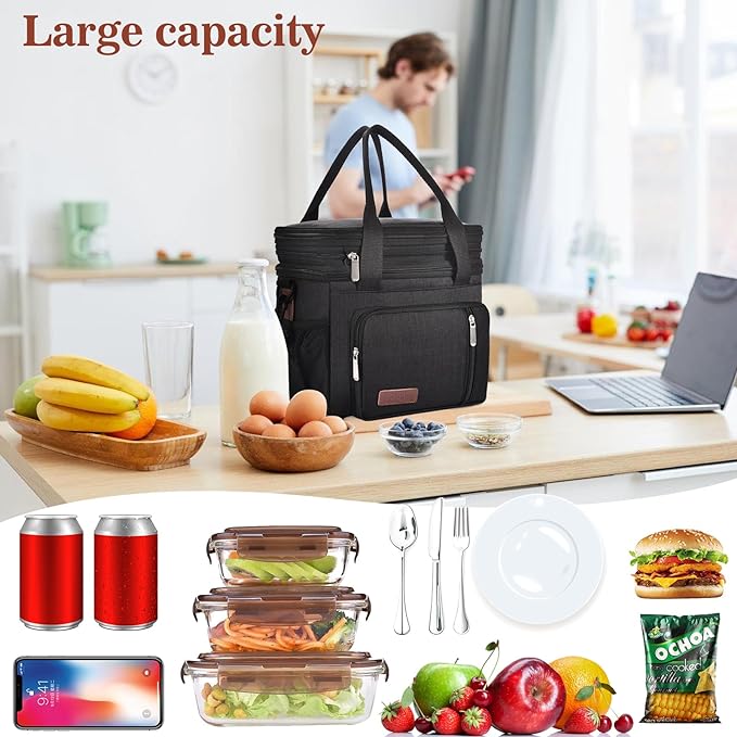 Lunch Box & Lunch Bag for Men Women, Large Insulated Adult Lunch Box Leakproof Lunchbox Cooler Bag for Work Picnic Beach,16L, Black