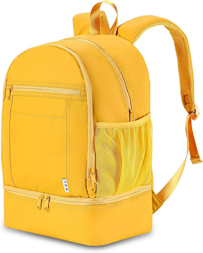 NOL Natural Organic Lifestyle Kids 2-in-1 Backpack & Insulated Lunch Bag-16 Multi-Functional Large Compartments Backpack for School & Travel,Double Deck,Water Resistant,Leak-proof,Padded,Earth-yellow