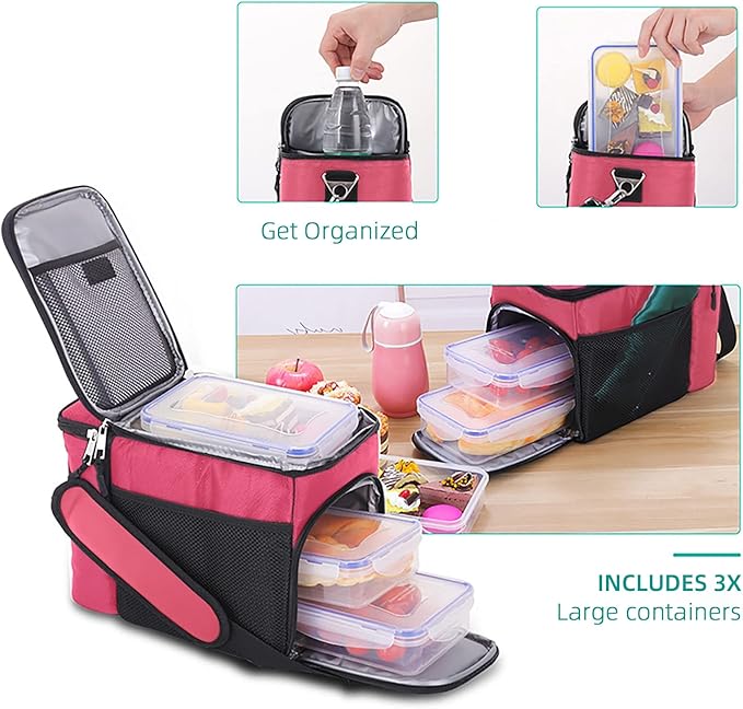 TOP&TOP Insulated Lunch Box and Cooler Bag for Women, Men - 13"L x 7"W x 9"H, 3 Reusable Meal Prep Containers, 2 Ice Packs, Detachable Shoulder Strap, Leakproof and Easy to Clean