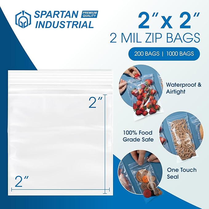 Spartan Industrial - 2” X 2” (200 Count) 2 Mil Clear Reclosable Zip Plastic Poly Bags with Resealable Lock Seal Zipper