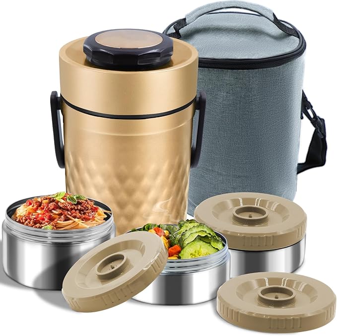 67oz Thermos for Hot Food, 3 Layered Stackable Insulated Lunch Box, Soup Thermos Jar Comes with an insulated bag, suitable for office lunches and outdoor dining, among other uses (Gold)