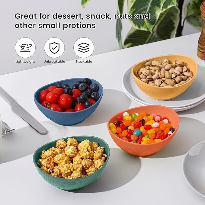 Wheat Straw Small Bowls Set of 4 - Unbreakable Snack Bowl, Dessert Bowl, 10 OZ Plastic Bowls Reusable, Microwave and Dishwasher Safe for Kitchen (Multicolor)