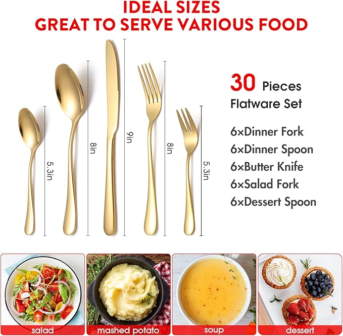Gold Silverware Set, 30 Pieces Stainless Steel Gold Flatware Set, Kitchen Cutlery Tableware Service Set for 6, Color Utensil Sets for Home Restaurant and Party