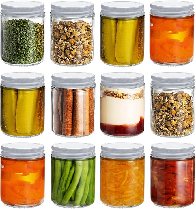 Suwimut 12 Pack Glass Mason Canning Jars, 9 oz Straight Sided Clear Glass Mason Jars, Regular Mouth Glass Jars Storage Containers for Jam, Jelly, Honey, Spice, Wedding Party Favors, Shower Favors