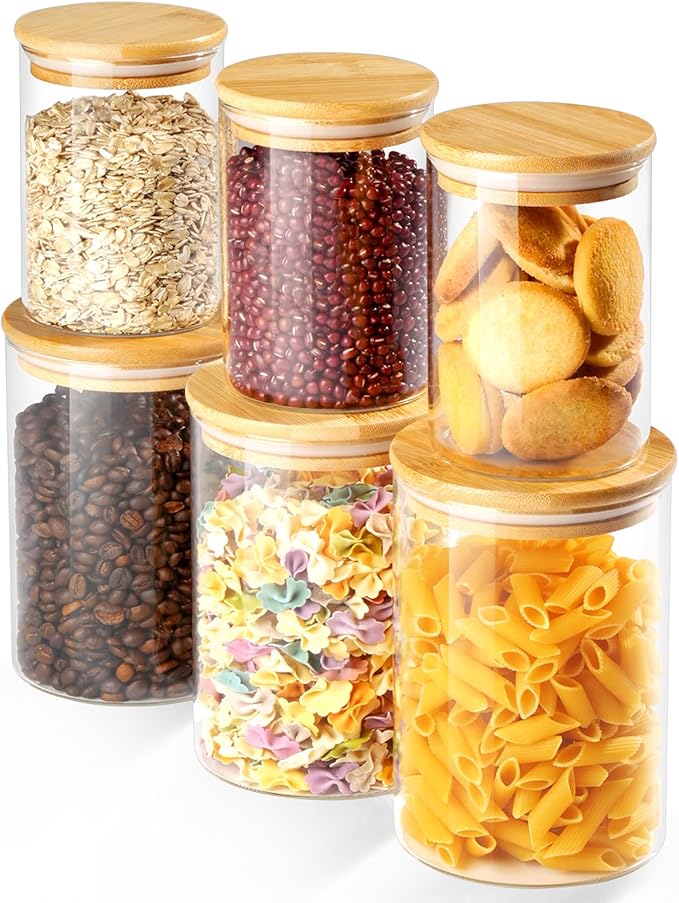 Glass Storage Containers with Bamboo Lids, Includes 3 Set of 20oz Overnight Oats Breakfast Jars, 3 Set of 40oz Food Storage Containers For Cookies Cereal Nuts Coffee Beans (Set of 6)