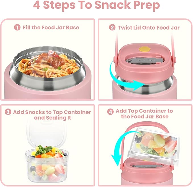 2-In-1 Soup Thermo for Hot Food Kids, 15 Oz Insulated Food Container and a Snack Box, Wide Mouth, Leak Proof, Stainless Steel Spoon, Dishwasher Safe Food Thermo Set for School, Work, Travel, Pink