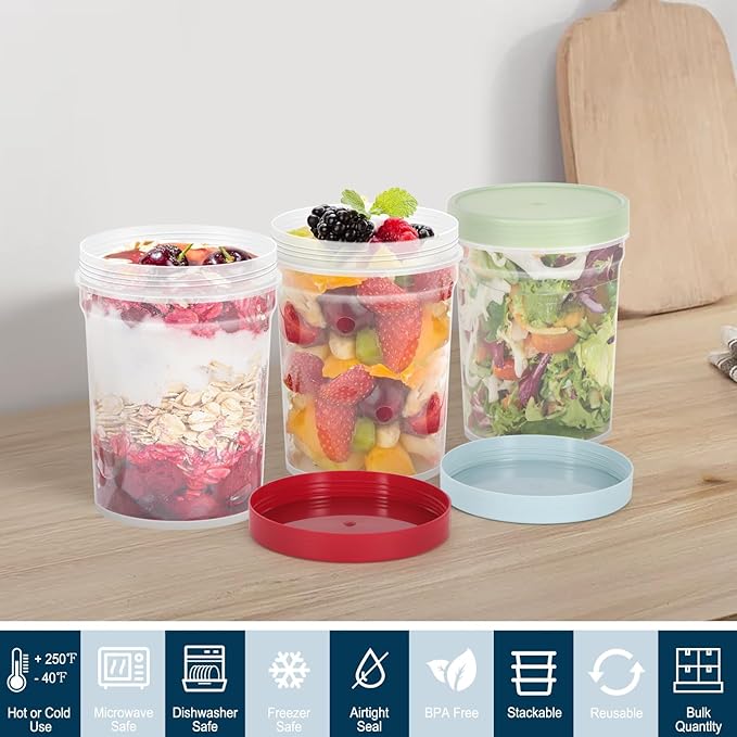 32oz Twist Top Deli Containers, Plastic Soup Container With Lids, Freezer Food Storage BPA Free, Leak Proof, Stackable, Microwave Dishwasher Safe-3Pack