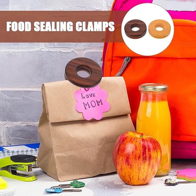 LIFKOME 2pcs Food Bag Sealing Clips, Stainless Steel Sealing Clips, Wood Color, 5x5cm, Brown