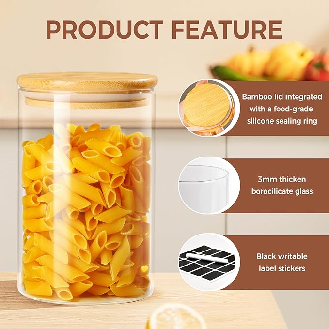 Glass Storage Containers with Bamboo Lids, Includes 3 Set of 20oz Overnight Oats Breakfast Jars, 3 Set of 40oz Food Storage Containers For Cookies Cereal Nuts Coffee Beans (Set of 6)