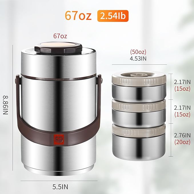 67 Oz Adults Stainless Steel Vacuum Soup Thermos For Hot Food with Inserts Stackable Bento Box and Lunch Bag,Width Mouth Portable Nsulated Food Jar Lunch Container (silvery, 67 oz)