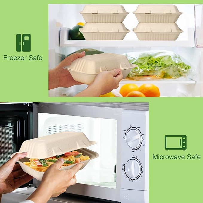 greensight 9 x 6 Clamshell Take Out Food Containers, 75 Pack Disposable To Go Containers, Compostable To Go Boxes, Biodegradable Food Containers Made of Sugar Cane Fibers