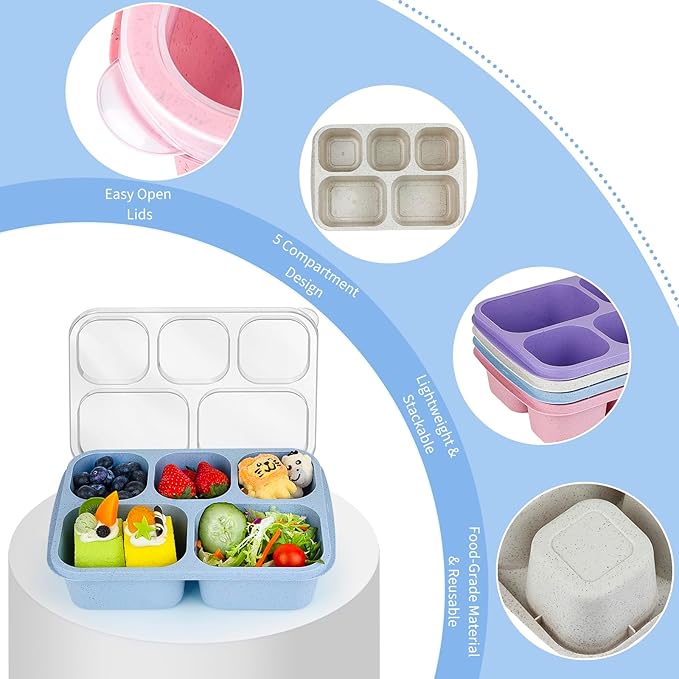 MaMix Bento Box Adult Lunch Box, 5 Compartment Snack Box for Adults 4 Pack, Reusable Stackable Snack Containers for Kids Adults with Utensils, for School, Work, and Travel (Wheat)